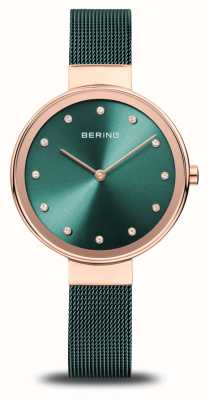 Bering Классический | зеленый циферблат | зеленый браслет из стальной сетки с пвд 12034-868