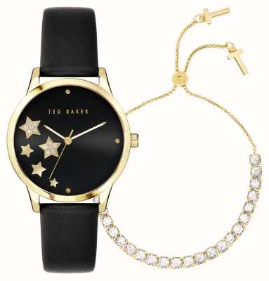 Ted Baker Женский подарочный набор со звездами, часы с черным циферблатом и черным кожаным ремешком, сочетающиеся с золотым браслетом BKGFW2217