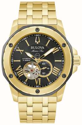 Bulova Мужские часы Marine Star с автоматическим переключением, черный циферблат / золотой браслет из нержавеющей стали 98A273