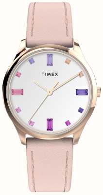 Timex Женские часы с белым кристаллическим циферблатом и розовым кожаным ремешком TW2V76400
