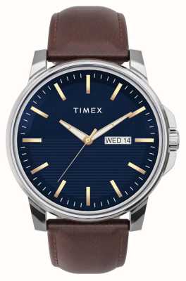 Timex Мужское платье синий циферблат коричневый кожаный ремешок TW2V79200