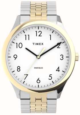 Timex Мужской легкий ридер (40 мм) белый циферблат / двухцветный браслет из нержавеющей стали TW2U40000