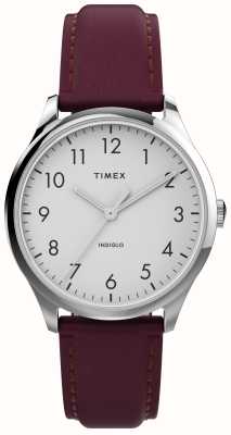 Timex Женские современные удобные часы с белым циферблатом и бордовым кожаным ремешком TW2V36100