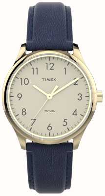 Timex Женский современный удобный кремовый циферблат / темно-синий кожаный ремешок TW2V36200