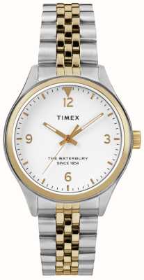Timex Женский белый циферблат Waterbury / двухцветный браслет из нержавеющей стали TW2R69500