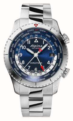 Alpina Пилотный кварцевый таймер мирового времени (41 мм), синий циферблат / нержавеющая сталь AL-255N4S26B