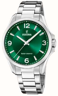 estina Мужские часы с солнечной энергией (41,5 мм) зеленый циферблат / браслет из нержавеющей стали F20656/3