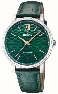 estina Мужские часы с солнечной энергией (41 мм) зеленый циферблат / зеленый кожаный ремешок F20660/5