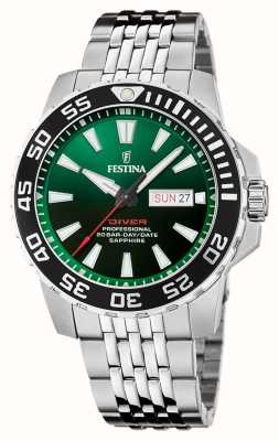estina Мужские дайверские часы (45 мм) зеленый циферблат / браслет из нержавеющей стали F20661/2