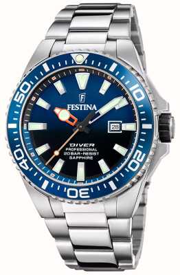 estina Мужские дайверские часы (45,7 мм) с синим циферблатом и браслетом из нержавеющей стали F20663/1