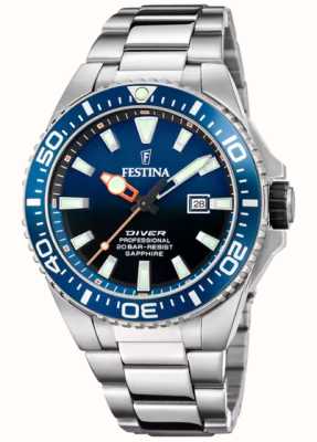 Festina Мужские дайверские часы (45,7 мм) с синим циферблатом и браслетом из нержавеющей стали F20663/1
