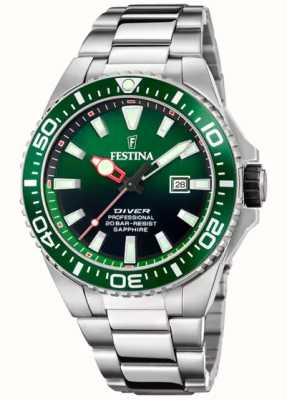 Festina Мужские дайверские часы (45,7 мм) зеленый циферблат / браслет из нержавеющей стали F20663/2
