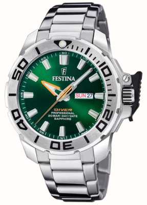 Festina Мужские дайверские часы (46,3 мм) зеленый циферблат / браслет из нержавеющей стали F20665/2