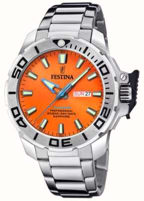 estina Мужские дайверские часы (46,3 мм) оранжевый циферблат / браслет из нержавеющей стали F20665/5