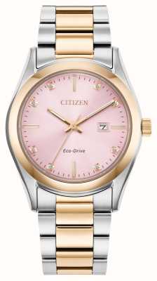 Citizen Женский эко-драйв (33 мм), розовый циферблат с бриллиантами / двухцветный браслет из нержавеющей стали EW2706-58X
