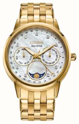 Citizen Женские часы с фазой луны и эко-драйвом (36,5 мм), перламутровый циферблат / золотой браслет из нержавеющей стали FD0002-57D
