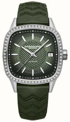 Raymond Weil Женские автоматические часы Freelancer с зеленым циферблатом, 60 бриллиантами (34,5 мм), зеленым кожаным ремешком 2490-SCS-52051
