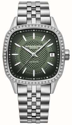 Raymond Weil Женские автоматические часы Freelancer с зеленым циферблатом, 60 бриллиантами (34,5 мм), браслет из нержавеющей стали 2490-STS-52051