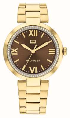 Tommy Hilfiger Женские часы alice (34 мм) с коричневым циферблатом и золотистым браслетом из нержавеющей стали 1782631