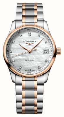 LONGINES Женские автоматические часы Master (34 мм) с перламутровым циферблатом и бриллиантами / двухцветный браслет из нержавеющей стали L23575897