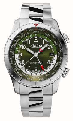 Alpina Пилотный кварцевый таймер мирового времени (41 мм), зеленый циферблат / нержавеющая сталь AL-255GR4S26B