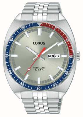 Lorus Спортивный автоматический индикатор дня/даты, 100 м (43 мм), серебристый циферблат с узором «солнечные лучи» / нержавеющая сталь RL447BX9