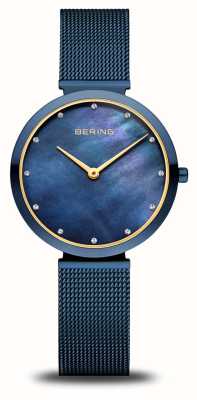 Bering Женский классический (32 мм) синий перламутровый циферблат/синий сетчатый браслет из нержавеющей стали 18132-399