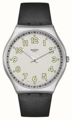 Swatch Черный хепкат (42 мм), белый циферблат/черный кожаный ремешок SS07S134