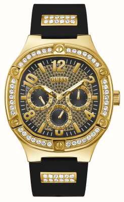 Guess Мужские часы Duke (46 мм), черно-золотой циферблат/черный силиконовый ремешок GW0641G2