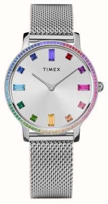 Timex Женский (34 мм) серебряный циферблат с радужными кристаллами/сетчатый браслет из нержавеющей стали TW2W19100