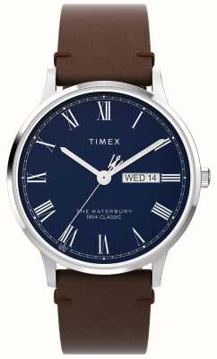 Timex Мужские часы Waterbury (40 мм) с синим циферблатом и коричневым кожаным ремешком TW2W14900