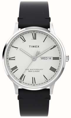 Timex Мужские классические часы Waterbury (40 мм) с белым циферблатом и черным кожаным ремешком TW2W15000