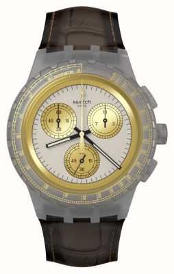 Swatch Серый циферблат «Золотое сияние» (42 мм)/коричневый кожаный ремешок SUSM100