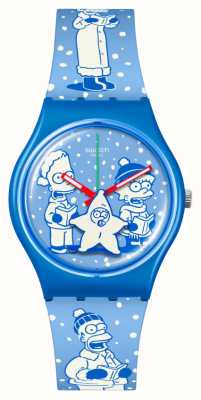 Swatch X «Симпсоны: Весть радости» (34 мм), синий циферблат с принтом/синий силиконовый ремешок с принтом SO28Z126
