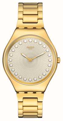 Swatch Яркий циферблат цвета шампанского (38 мм) и золотистый браслет из нержавеющей стали. SYXG126G