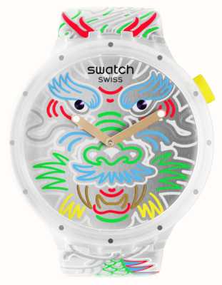 Swatch Дракон в облаке (47 мм), серебристый циферблат с узором/силиконовый ремешок с рисунком SB05Z102