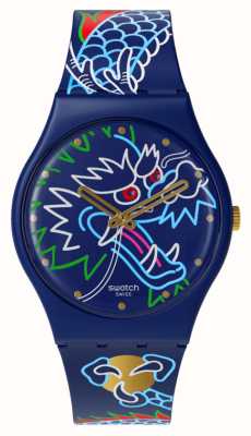 Swatch Дракон в волнах (34 мм), синий циферблат с рисунком/синий силиконовый ремешок с рисунком SO28Z125