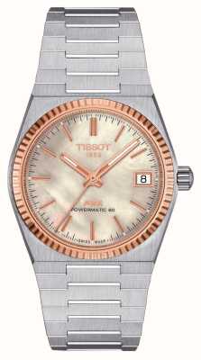 Tissot Женские часы prx powermatic 80, безель из 18-каратного розового золота (35 мм), браслет из перламутра и нержавеющей стали T9312074111100