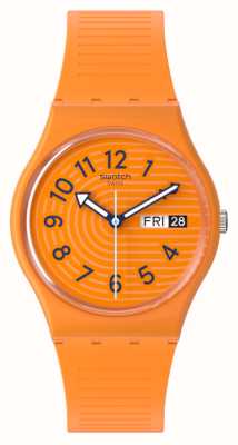Swatch Модные линии: оранжевый циферблат цвета сиены (34 мм) и оранжевый силиконовый ремешок. SO28O703