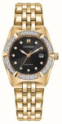 Citizen Женские часы corso eco-drive (28 мм) с черным циферблатом и золотистым браслетом из нержавеющей стали EW2712-55E