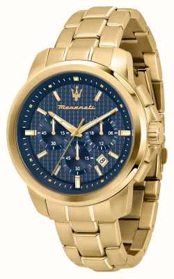 Maserati Мужские часы Successo (44 мм), синий циферблат с хронографом и золотой браслет из нержавеющей стали R8873621021