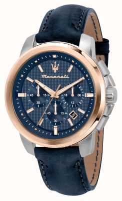 Maserati Мужские часы Successo (44 мм), синий циферблат с хронографом и синий кожаный ремешок R8871621015