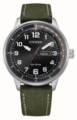 Citizen Мужские часы eco-drive (42 мм) с черным циферблатом и ремешком из ткани цвета хаки. BM8595-16H