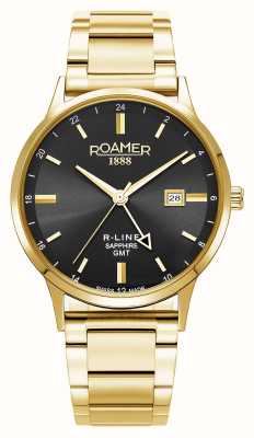 Roamer Черный циферблат R-line GMT (43 мм) / сменный золотой браслет из нержавеющей стали и черный кожаный ремешок 990987 48 85 05
