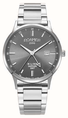 Roamer R-line GMT (43 мм) серый циферблат / сменный браслет из нержавеющей стали и черный кожаный ремешок 990987 41 55 05