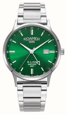 Roamer Зеленый циферблат R-line GMT (43 мм), сменный браслет из нержавеющей стали и черный кожаный ремешок 990987 41 75 05