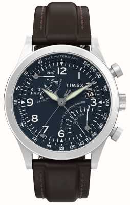 Timex Традиционный хронограф Waterbury с функцией обратного хода (42 мм), синий циферблат/коричневый кожаный ремешок TW2W47900