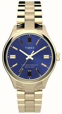 Timex Традиционный синий циферблат Waterbury (34 мм)/браслет из нержавеющей стали с золотым пвд TW2W40300