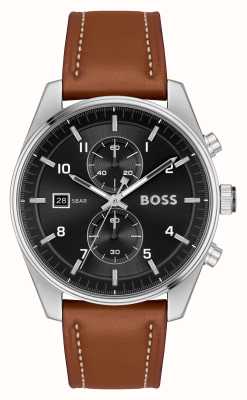 BOSS Мужские часы Skytraveller (44 мм) с черным циферблатом и коричневым кожаным ремешком 1514161