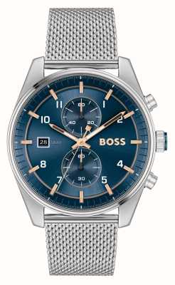 BOSS Мужские часы Skytraveller (44 мм) с синим циферблатом и сетчатым браслетом из нержавеющей стали 1514149